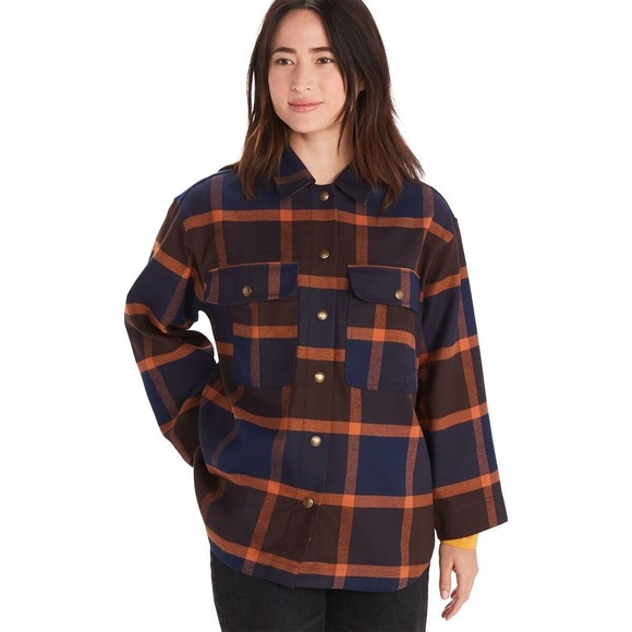 Marmot Womens XL Ridgefield Heavyweight Plaid Flannel Overshirt Top‎ NWT Blue